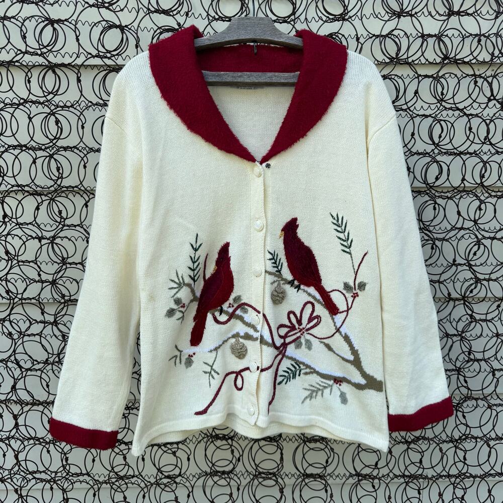Vintage 90s JTWO Christmas Cardinals Winter Cardigan Sweater Red Collar LARGE